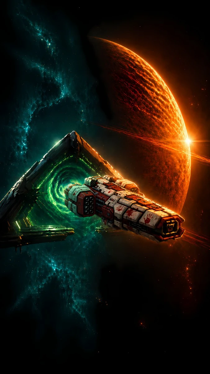 Visuel de Project Nebula : une frégate sort d'une porte de saut verte au-dessus d'une planète orange