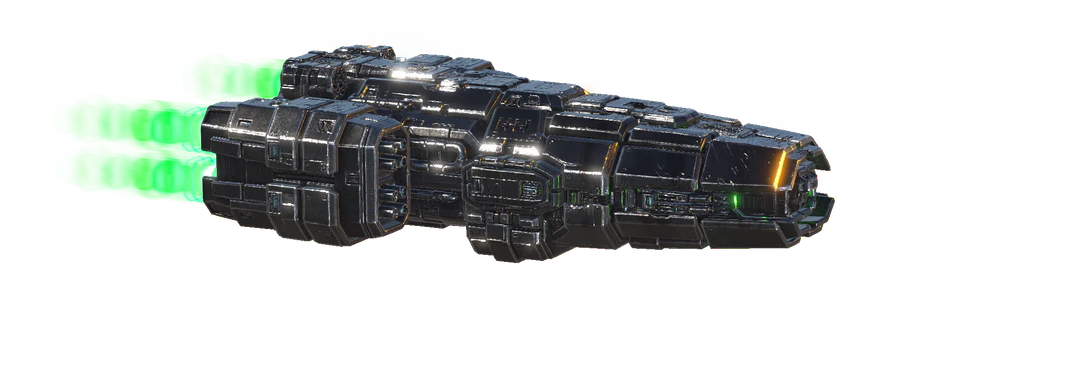 Vastator, un vaisseau de Project Nebula, réacteurs allumés aux traînées vertes